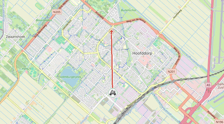Kaart van de omgeving van de melding, met de kazerne die is gealarmeerd