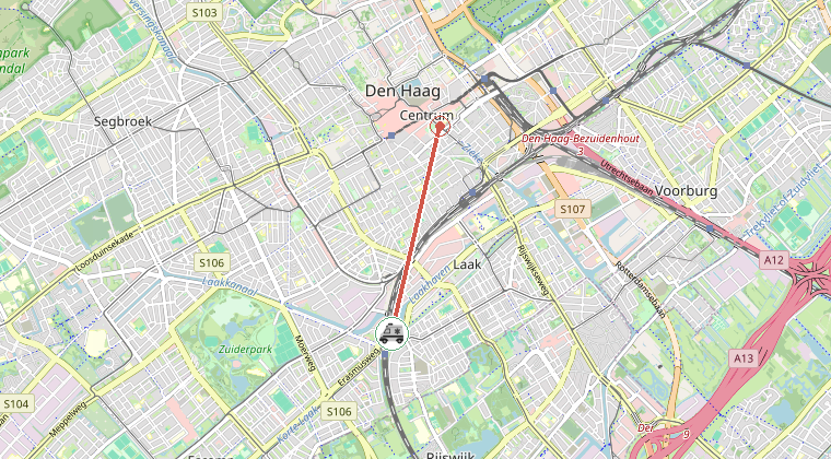 Kaart van de omgeving van de melding, met de kazerne die is gealarmeerd