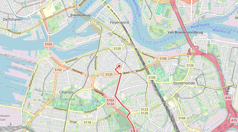 Kaart van de omgeving van de melding, met de kazerne die is gealarmeerd