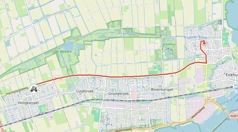 Kaart van de omgeving van de melding, met de kazerne die is gealarmeerd