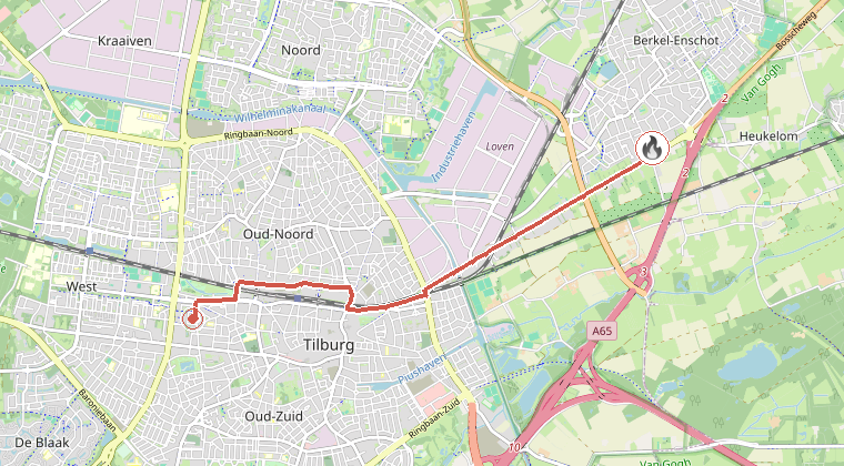 Kaart van de omgeving van de melding, met de kazerne die is gealarmeerd
