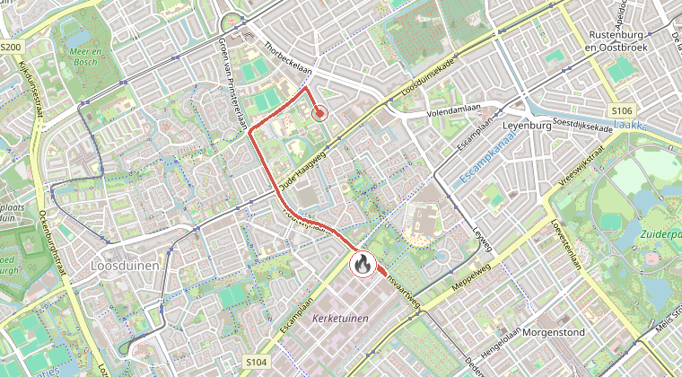 Kaart van de omgeving van de melding, met de kazerne die is gealarmeerd