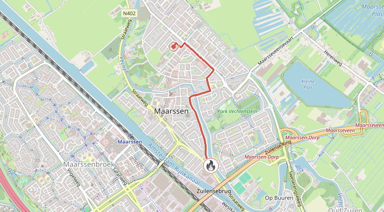 Kaart van de omgeving van de melding, met de kazerne die is gealarmeerd