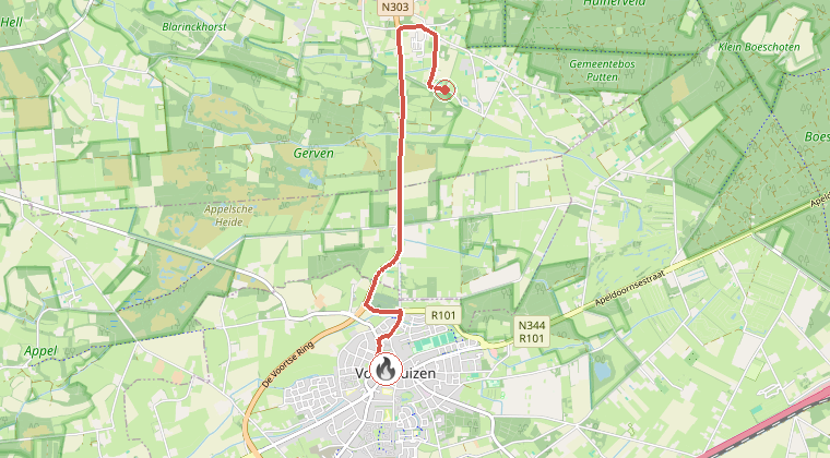 Kaart van de omgeving van de melding, met de kazerne die is gealarmeerd