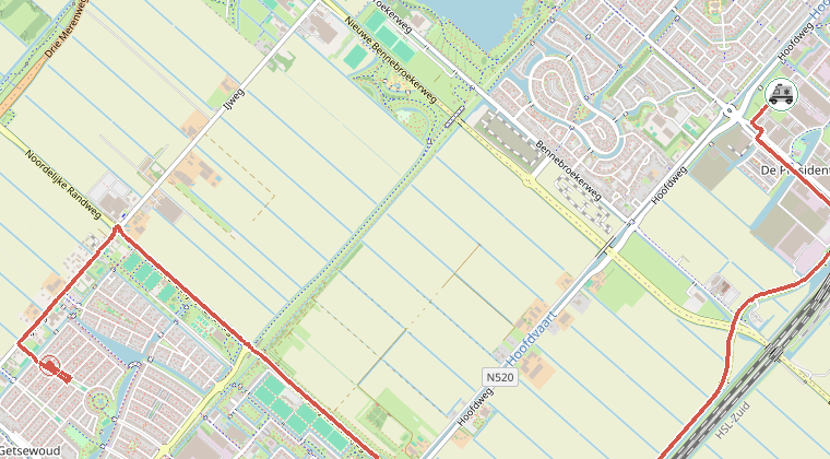 Kaart van de omgeving van de melding, met de kazerne die is gealarmeerd