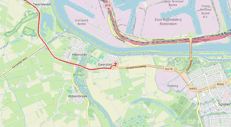 Kaart van de omgeving van de melding, met de kazerne die is gealarmeerd
