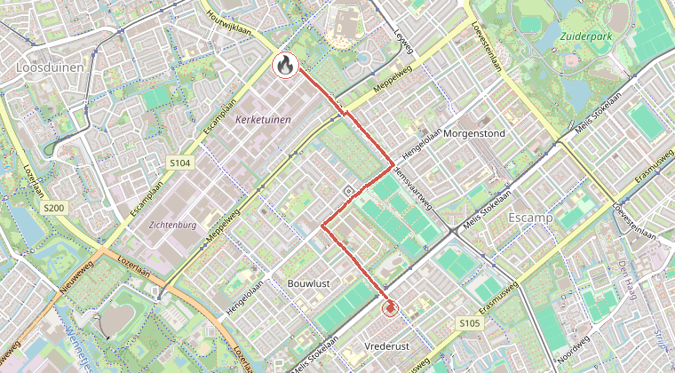 Kaart van de omgeving van de melding, met de kazerne die is gealarmeerd