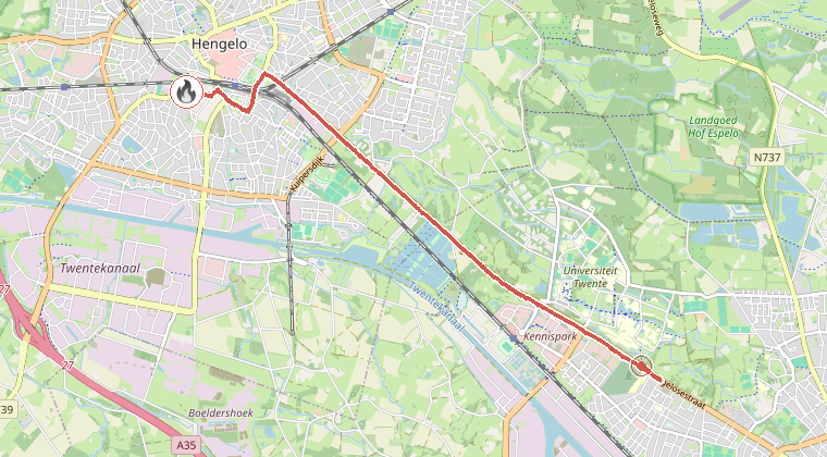 Kaart van de omgeving van de melding, met de kazerne die is gealarmeerd