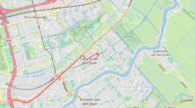Kaart van de omgeving van de melding, met de kazerne die is gealarmeerd