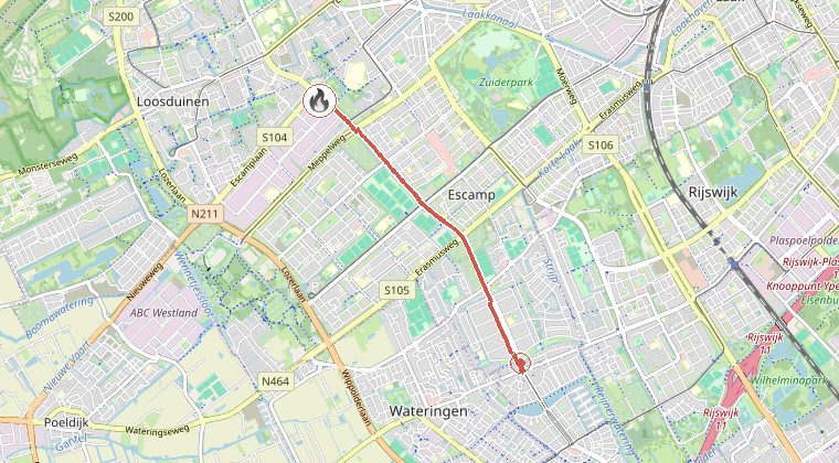 Kaart van de omgeving van de melding, met de kazerne die is gealarmeerd