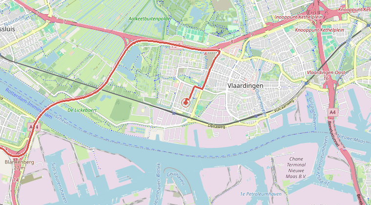 Kaart van de omgeving van de melding, met de kazerne die is gealarmeerd