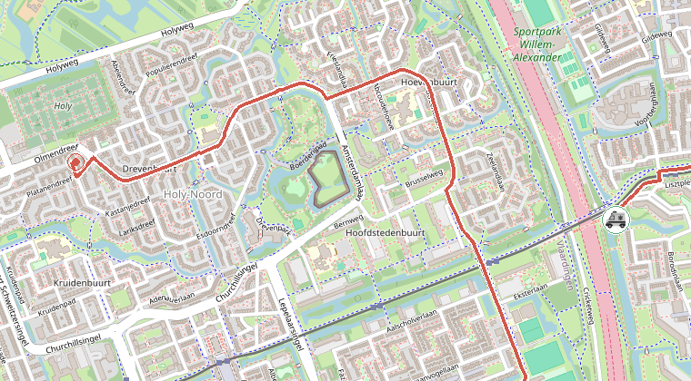Kaart van de omgeving van de melding, met de kazerne die is gealarmeerd