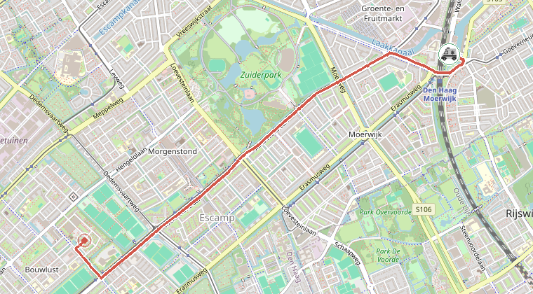 Kaart van de omgeving van de melding, met de kazerne die is gealarmeerd