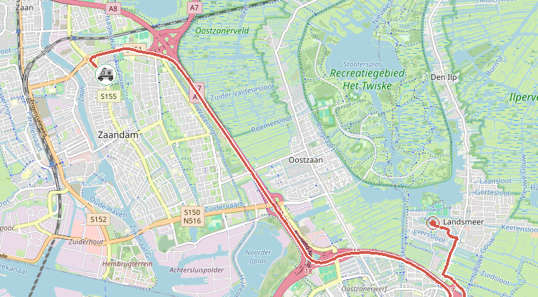 Kaart van de omgeving van de melding, met de kazerne die is gealarmeerd