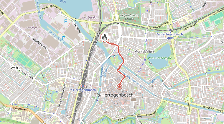 Kaart van de omgeving van de melding, met de kazerne die is gealarmeerd