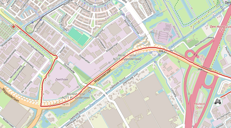 Kaart van de omgeving van de melding, met de kazerne die is gealarmeerd