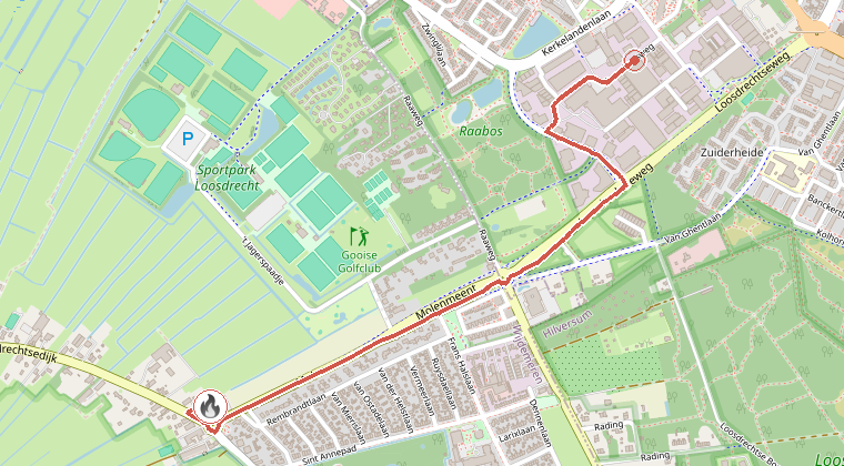 Kaart van de omgeving van de melding, met de kazerne die is gealarmeerd