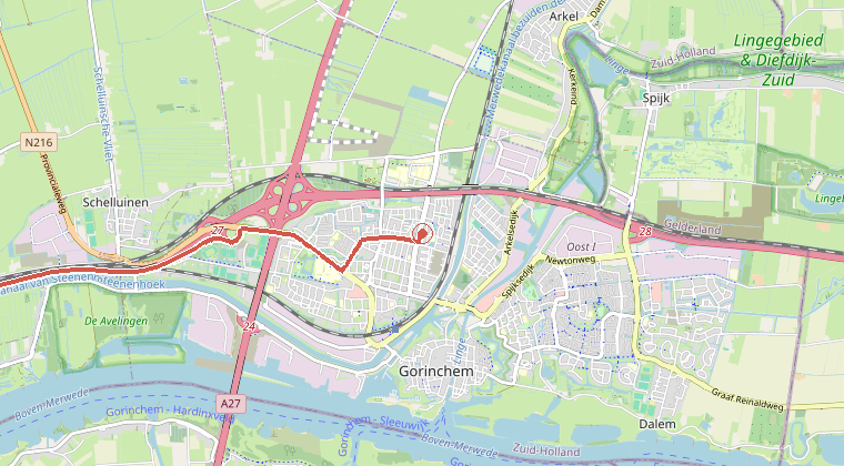 Kaart van de omgeving van de melding, met de kazerne die is gealarmeerd