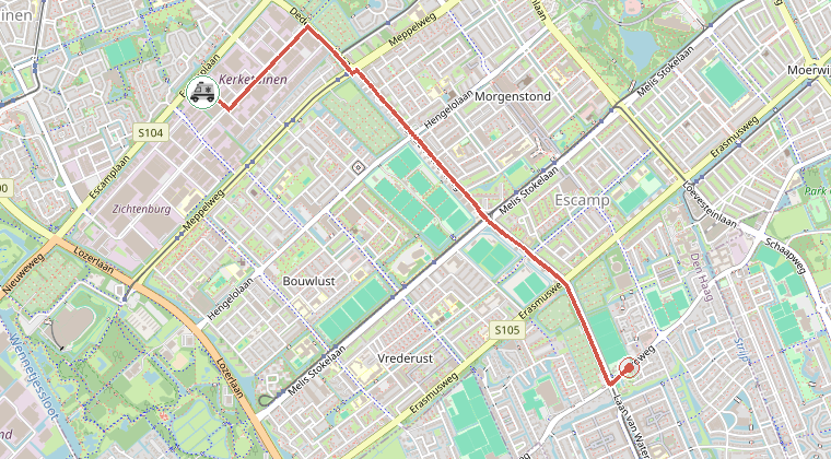 Kaart van de omgeving van de melding, met de kazerne die is gealarmeerd