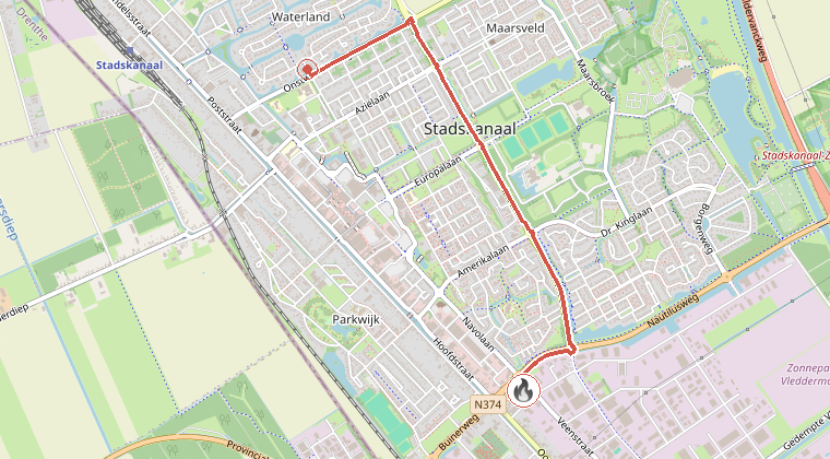 Kaart van de omgeving van de melding, met de kazerne die is gealarmeerd