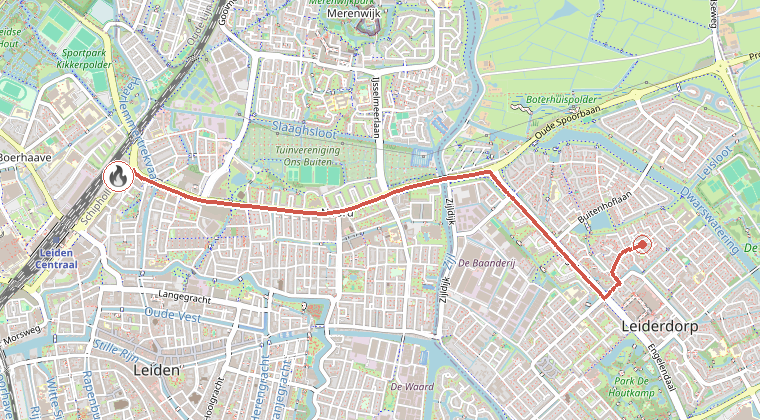 Kaart van de omgeving van de melding, met de kazerne die is gealarmeerd