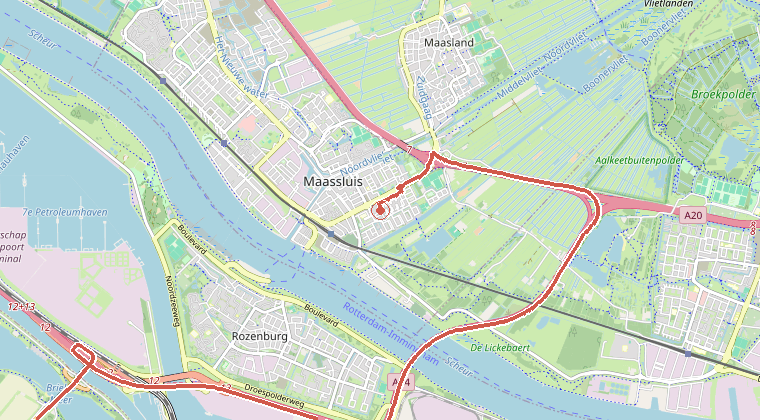 Kaart van de omgeving van de melding, met de kazerne die is gealarmeerd