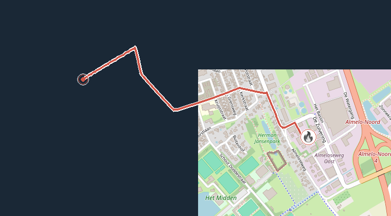 Kaart van de omgeving van de melding, met de kazerne die is gealarmeerd