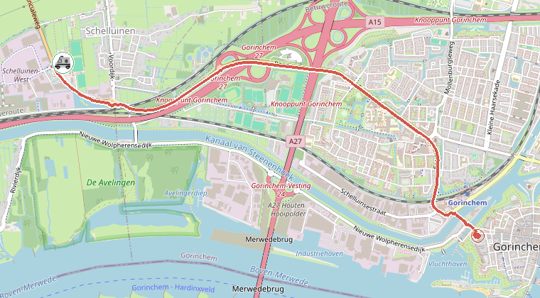Kaart van de omgeving van de melding, met de kazerne die is gealarmeerd