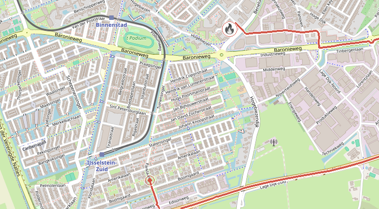 Kaart van de omgeving van de melding, met de kazerne die is gealarmeerd