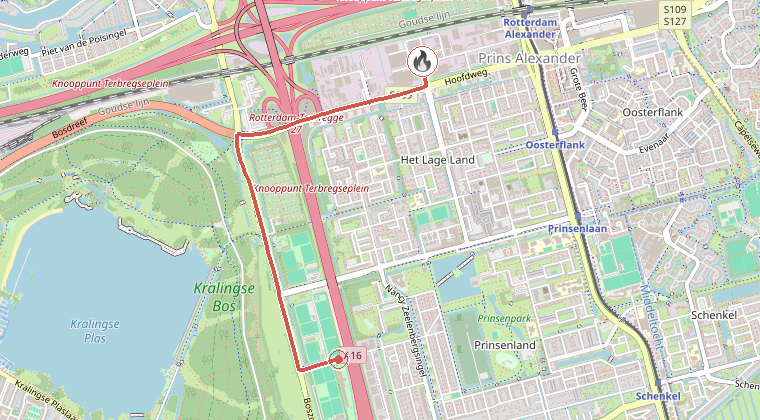 Kaart van de omgeving van de melding, met de kazerne die is gealarmeerd