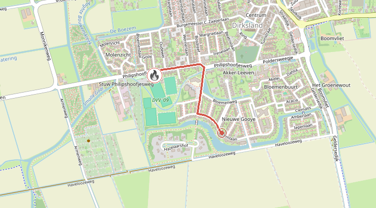 Kaart van de omgeving van de melding, met de kazerne die is gealarmeerd