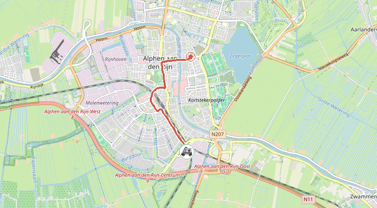 Kaart van de omgeving van de melding, met de kazerne die is gealarmeerd
