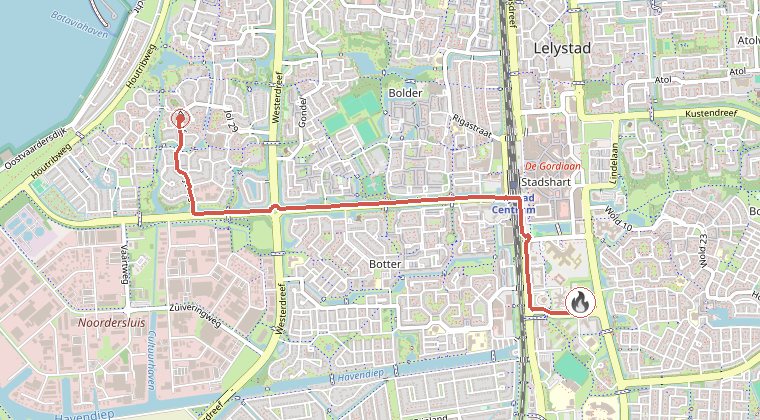 Kaart van de omgeving van de melding, met de kazerne die is gealarmeerd