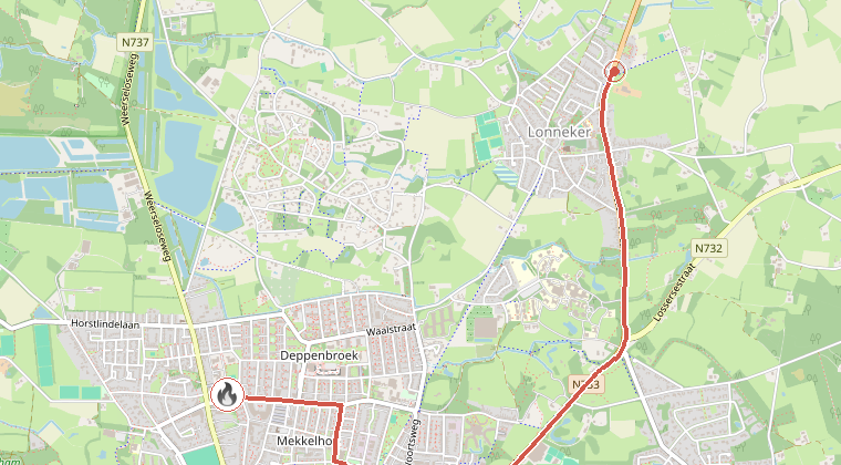 Kaart van de omgeving van de melding, met de kazerne die is gealarmeerd