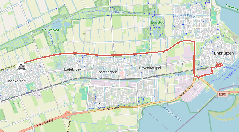 Kaart van de omgeving van de melding, met de kazerne die is gealarmeerd