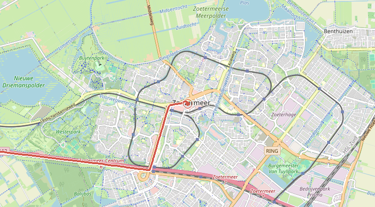 Kaart van de omgeving van de melding, met de kazerne die is gealarmeerd