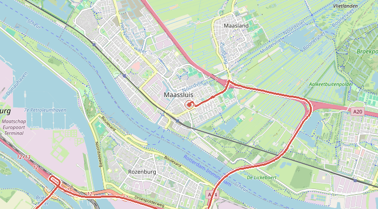 Kaart van de omgeving van de melding, met de kazerne die is gealarmeerd