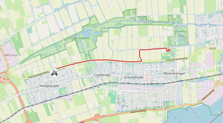 Kaart van de omgeving van de melding, met de kazerne die is gealarmeerd