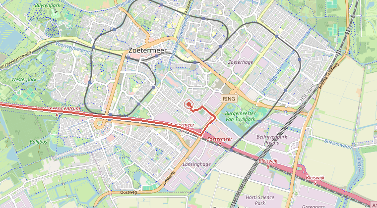 Kaart van de omgeving van de melding, met de kazerne die is gealarmeerd