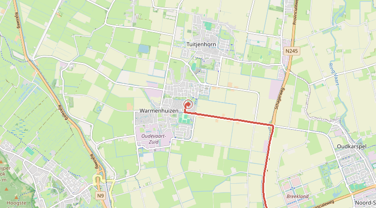 Kaart van de omgeving van de melding, met de kazerne die is gealarmeerd