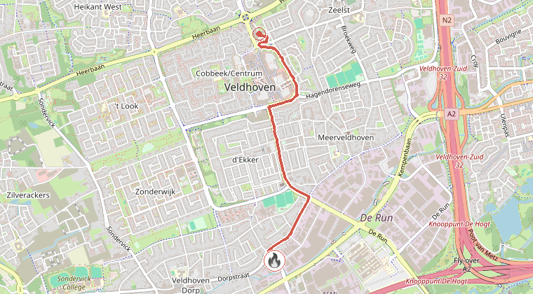 Kaart van de omgeving van de melding, met de kazerne die is gealarmeerd