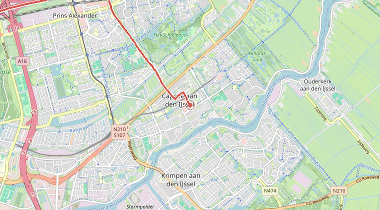 Kaart van de omgeving van de melding, met de kazerne die is gealarmeerd