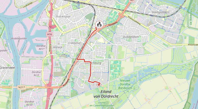 Kaart van de omgeving van de melding, met de kazerne die is gealarmeerd