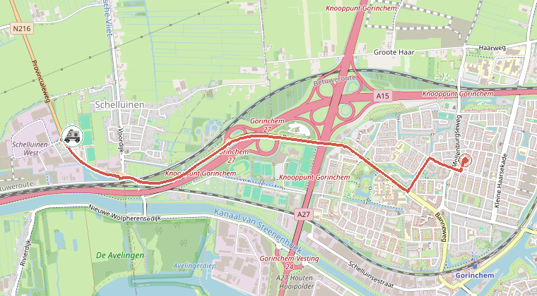 Kaart van de omgeving van de melding, met de kazerne die is gealarmeerd