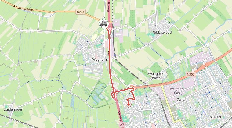 Kaart van de omgeving van de melding, met de kazerne die is gealarmeerd