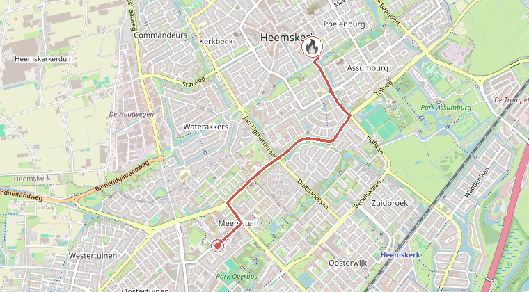 Kaart van de omgeving van de melding, met de kazerne die is gealarmeerd