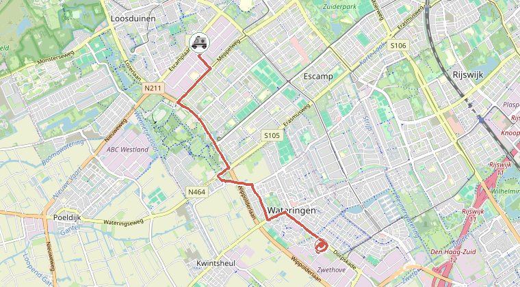 Kaart van de omgeving van de melding, met de kazerne die is gealarmeerd