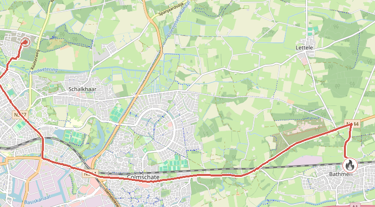 Kaart van de omgeving van de melding, met de kazerne die is gealarmeerd