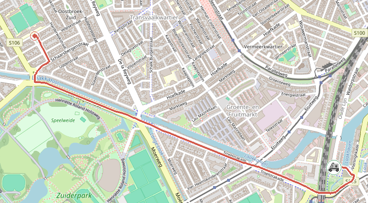 Kaart van de omgeving van de melding, met de kazerne die is gealarmeerd