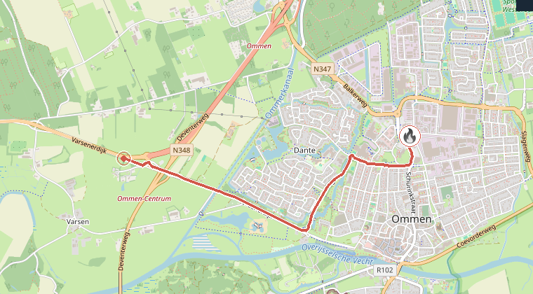 Kaart van de omgeving van de melding, met de kazerne die is gealarmeerd